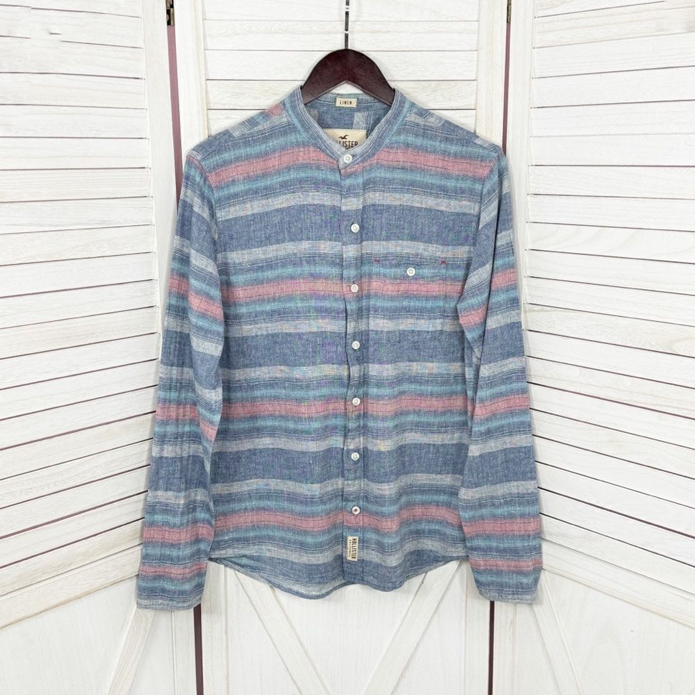 Hollister Striped Linen Button Shirt Blue Small Collarless Long Sleeve